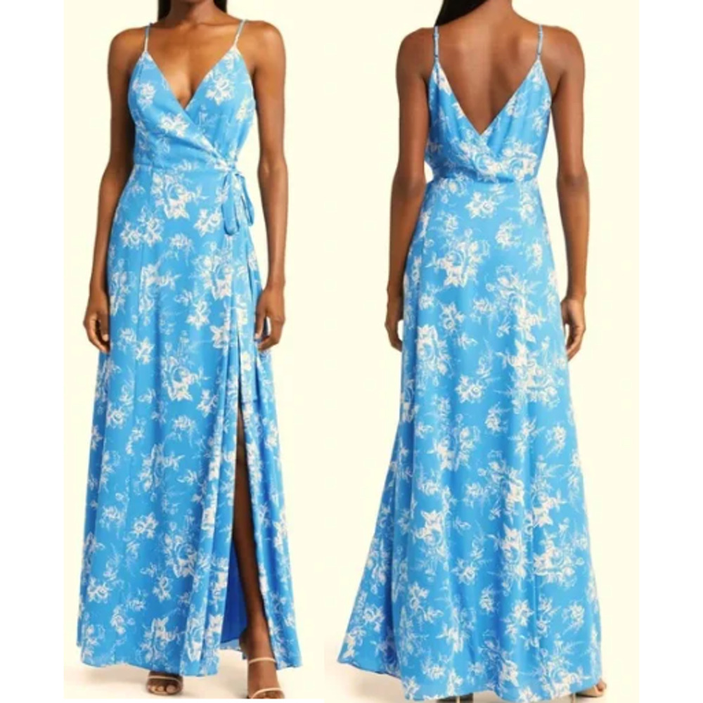 NWT Wayf Angelina Floral Surplice V-Neck Maxi Wrap Gown Ocean Blue Womens Size S